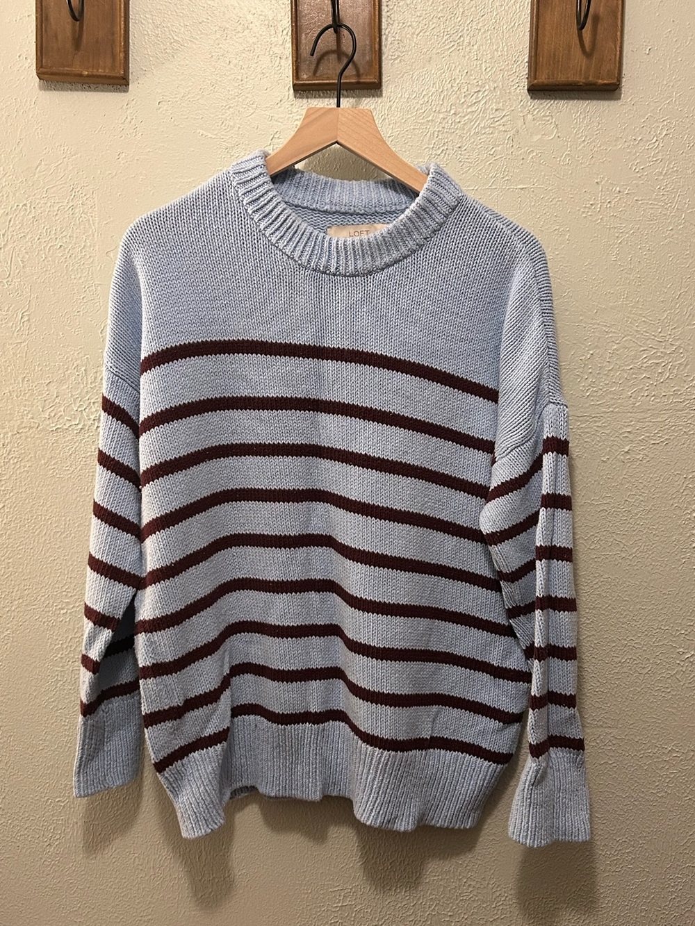 LOFT Pale Blue Crewneck Sweater with Dark Brown Stripes